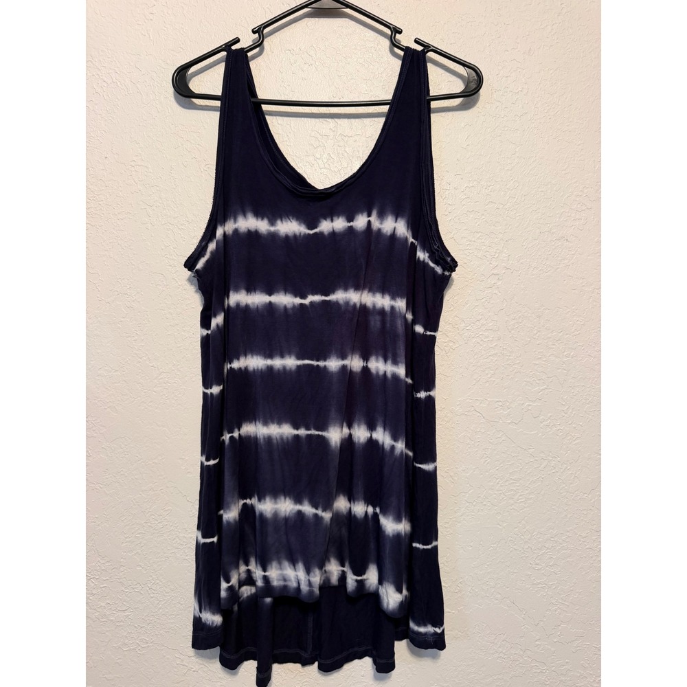 Cupio Navy Blue White Tie Dye Striped High Low Tank Top XL Sleeveless Scoop Neck
